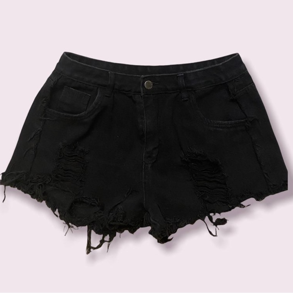 Black Denim Distressed Shorts